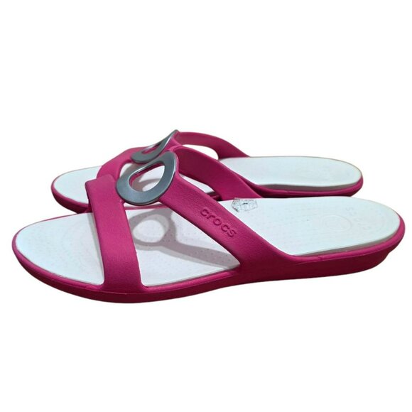 Crocs Sanrah Circle Slide Sandals Pink White Slip-On Pool Beachwear Womens 9 - Picture 2 of 10